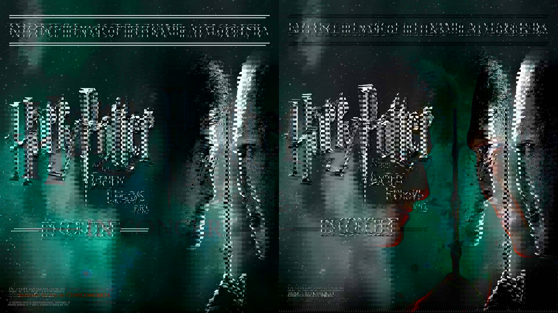 Dark green & black banner that reads: "Harry Potter and the Deathly Hallows part 2 in Concert. Experience the magic of the film with a live orchestra." A close-up image of Harry Potter facing Voldemort with the elder wand between them is displayed on the right.