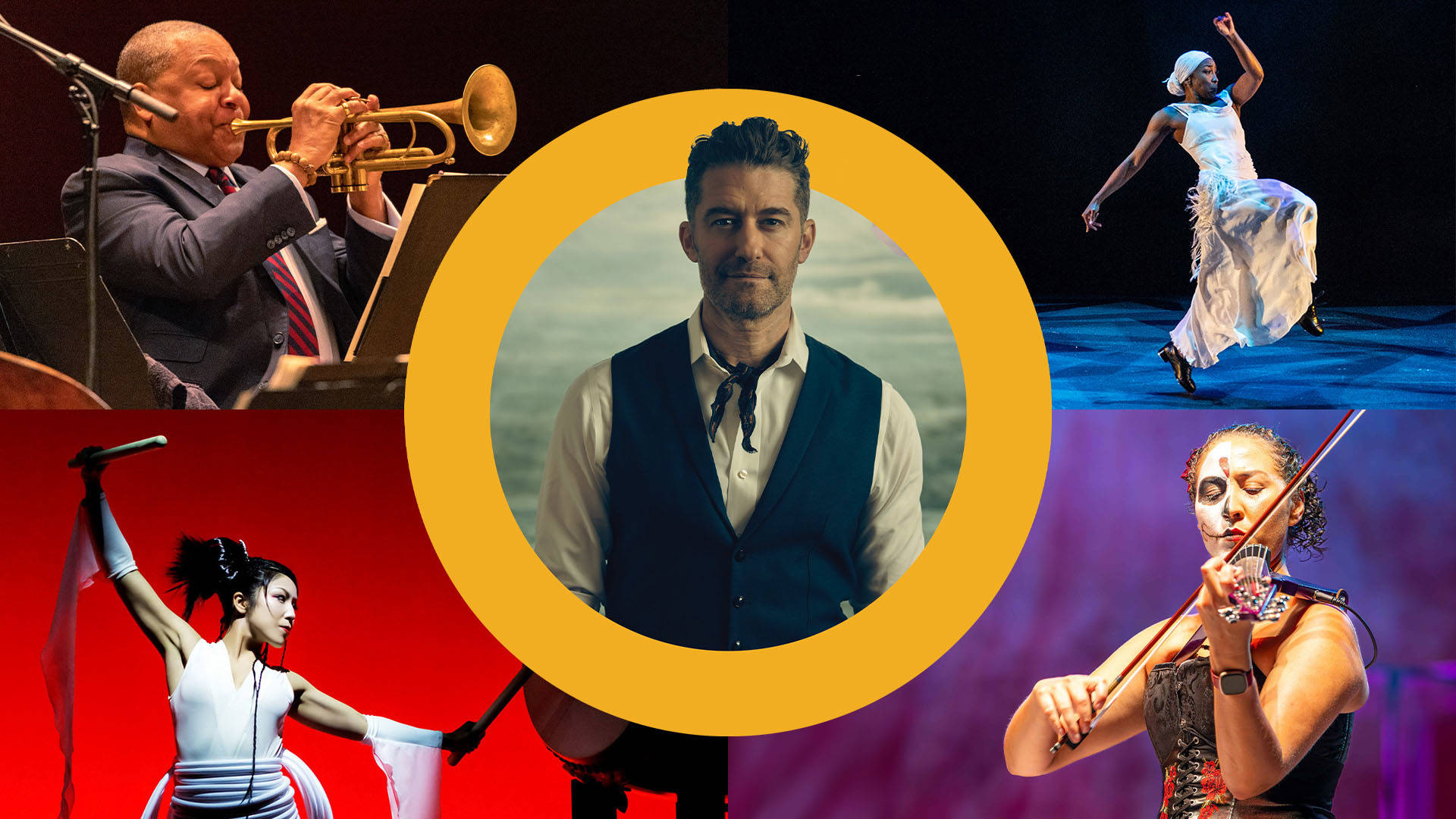 A composite image of 5 photos with one being in the center with a large yellow "O" surrounding it. Images include: Wynton Marsalis, an older black man playing the trumpet in a suit; a woman with medium complexion playing an electric violin with skull make-up covering half her face, an asian woman in white hitting a large drum, a black woman in white dancing and two white men who are naked except for two black magic hats covering their sensitive areas, in the center yellow "O."