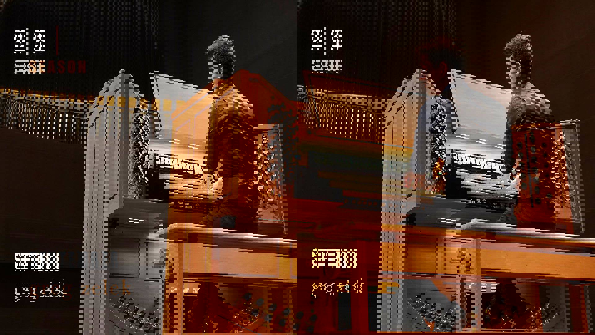 Banner text reads: September greg zelek. A young white man playing an organ console. He has a dark dress shirt and dark vest on.