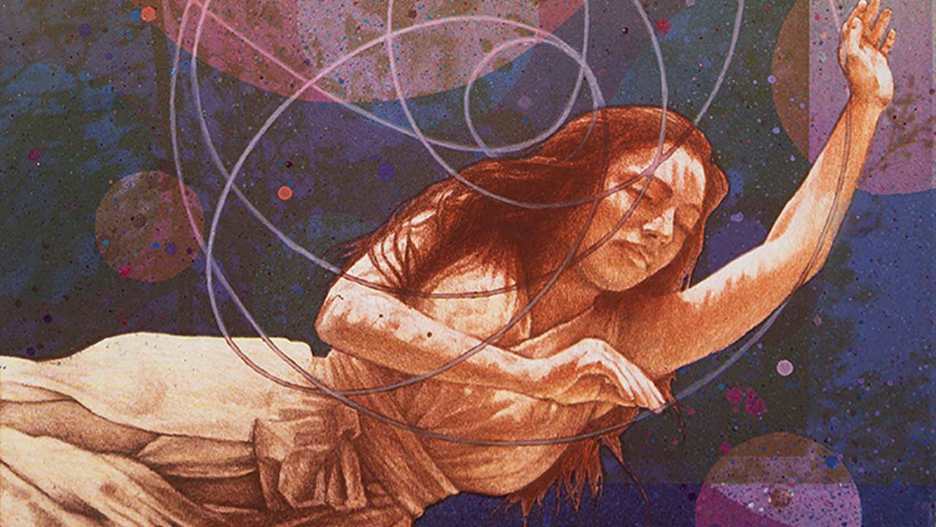 A painting of a woman floating through an abstract background of purple spheres and circles. The woman has an orange tint and is wearing a white dress.