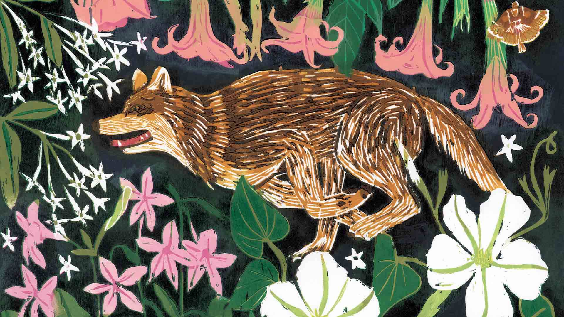 A painting of a dog running through a field of flowers.