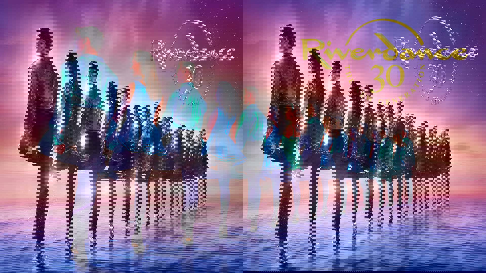 Banner reads: "Riverdance. 30 years. The new generation" in gold font. A sunset of purple, pink and orange with 16 diverse dancers in shiny green blouses, dresses, black bottoms and tap shoes standing in a line with each left leg tucked behind. They are facing to the back left towards the light.