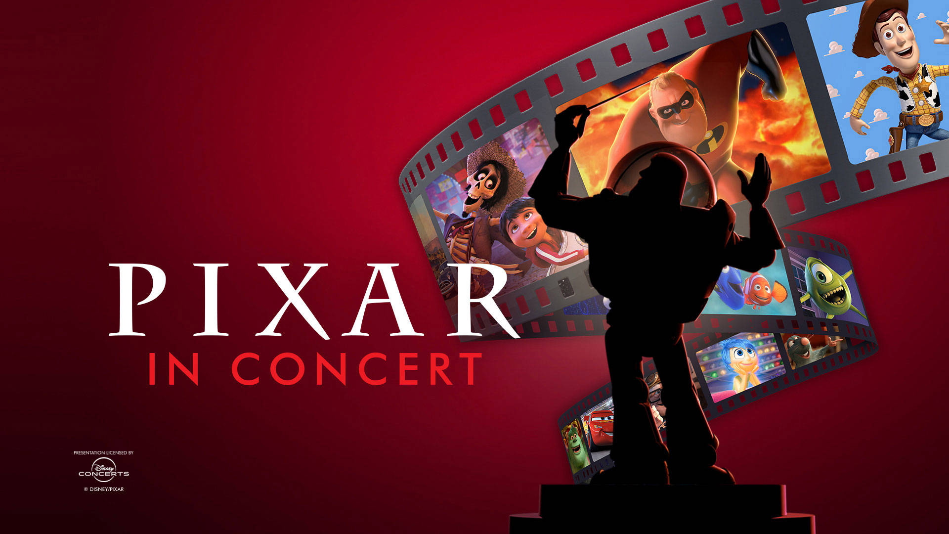 Banner text reads "Pixar in Concert". A silhouette of buzz lightyear conducting in front of a film roll of various pixar movie screenshots. the background is red.