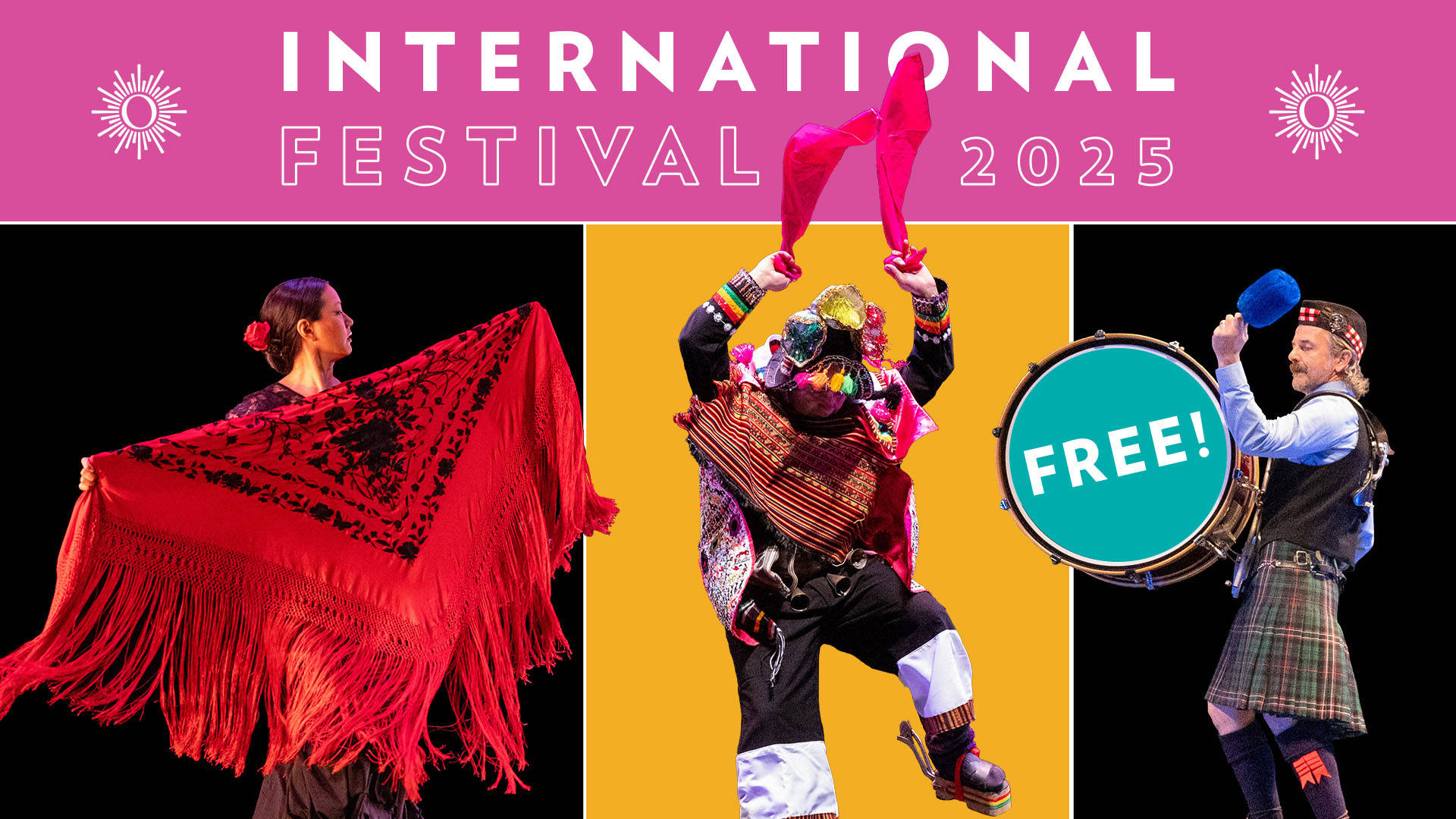 Banner reads: "International Festival 2025. Free!" at the top in magenta and white bold text.