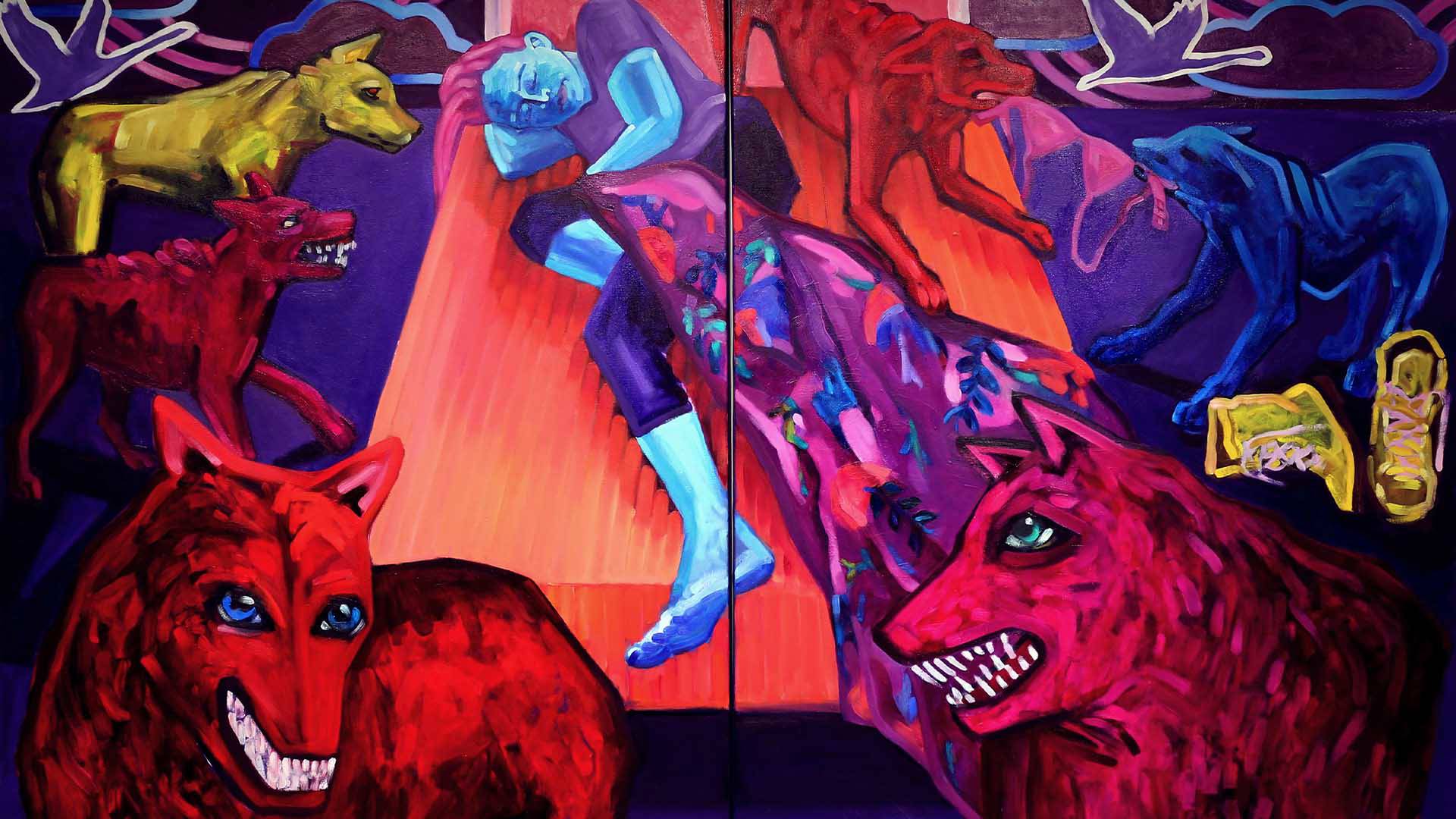 A colorful painting that includes a person with blue skin sleeping, surrounded by pink, red and yellow dogs.