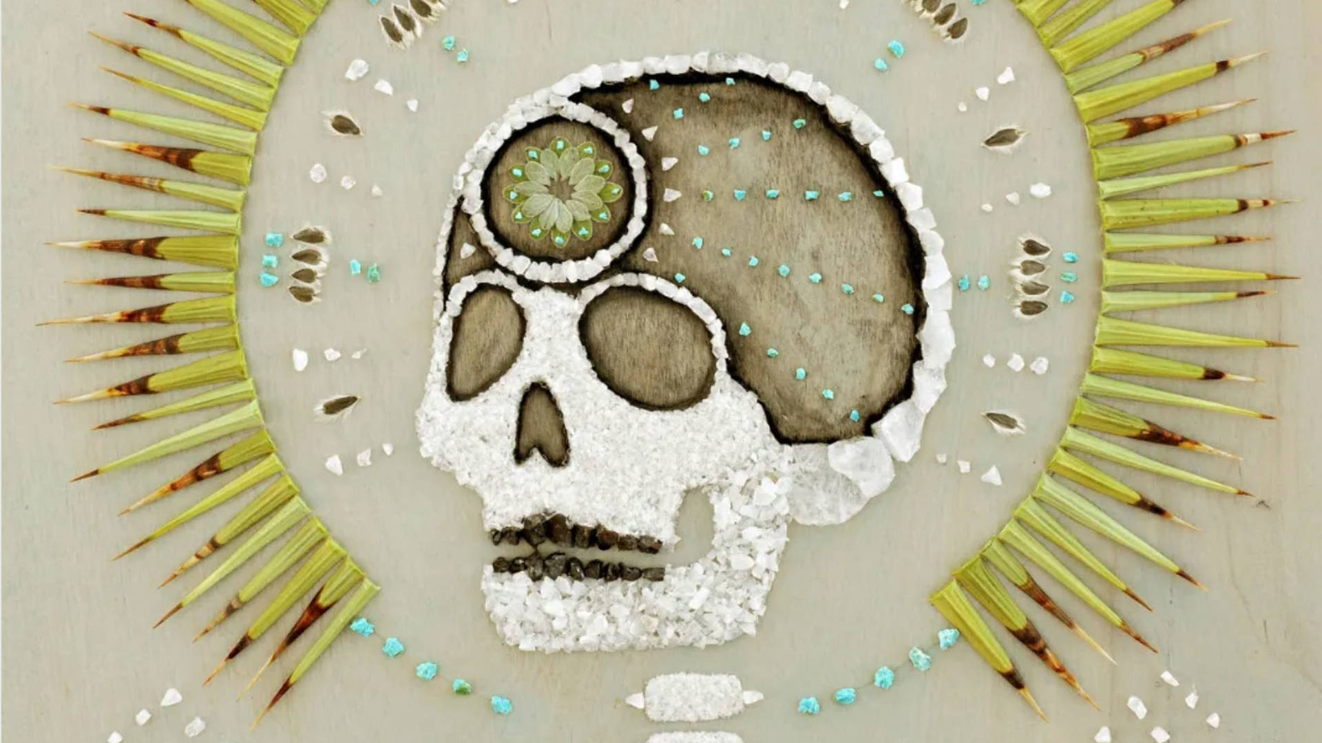 An art piece made from natural materials depicting a white skull with a flower on its forehead surrounded by bright green pointy leaves against wood.